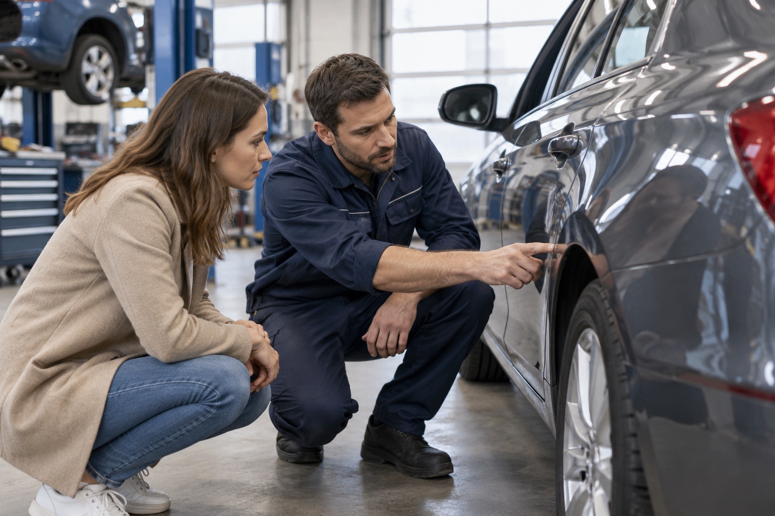 Garagiste et conductrice examinant une voiture dans un atelier.