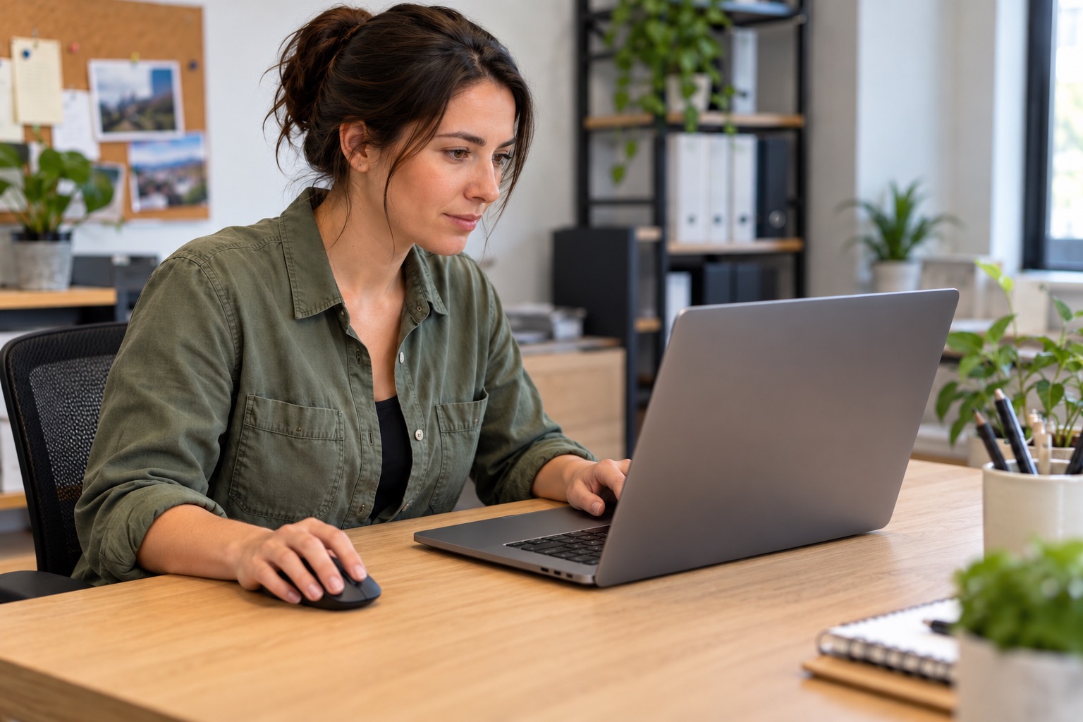 Femme utilisant un ordinateur portable placé face à elle et une souris à son bureau.