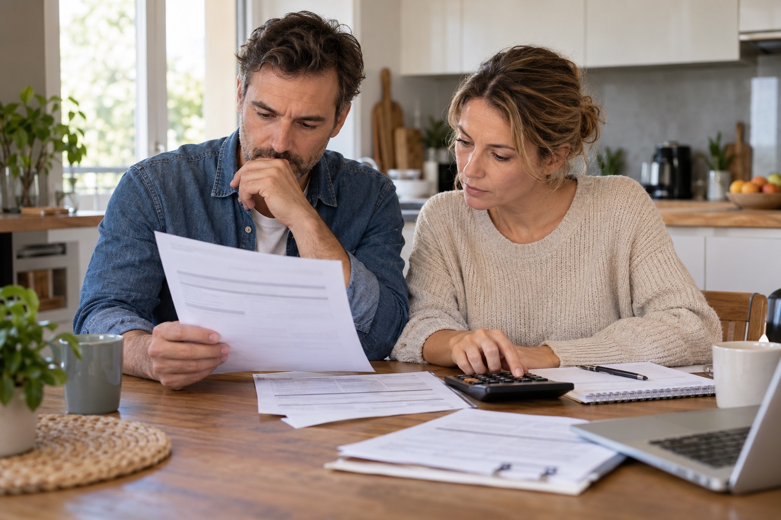 Couple comparant des documents de financement avec une calculatrice.