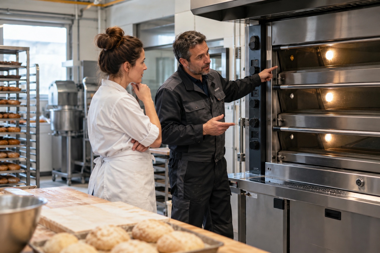 Boulangère et technicien discutant du remplacement d’un four dans un atelier.