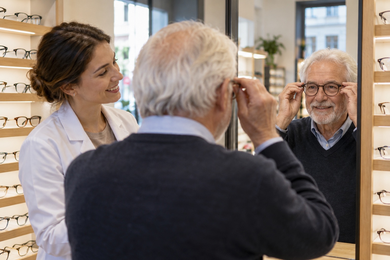 Opticienne accompagnant un client dans le choix de lunettes.