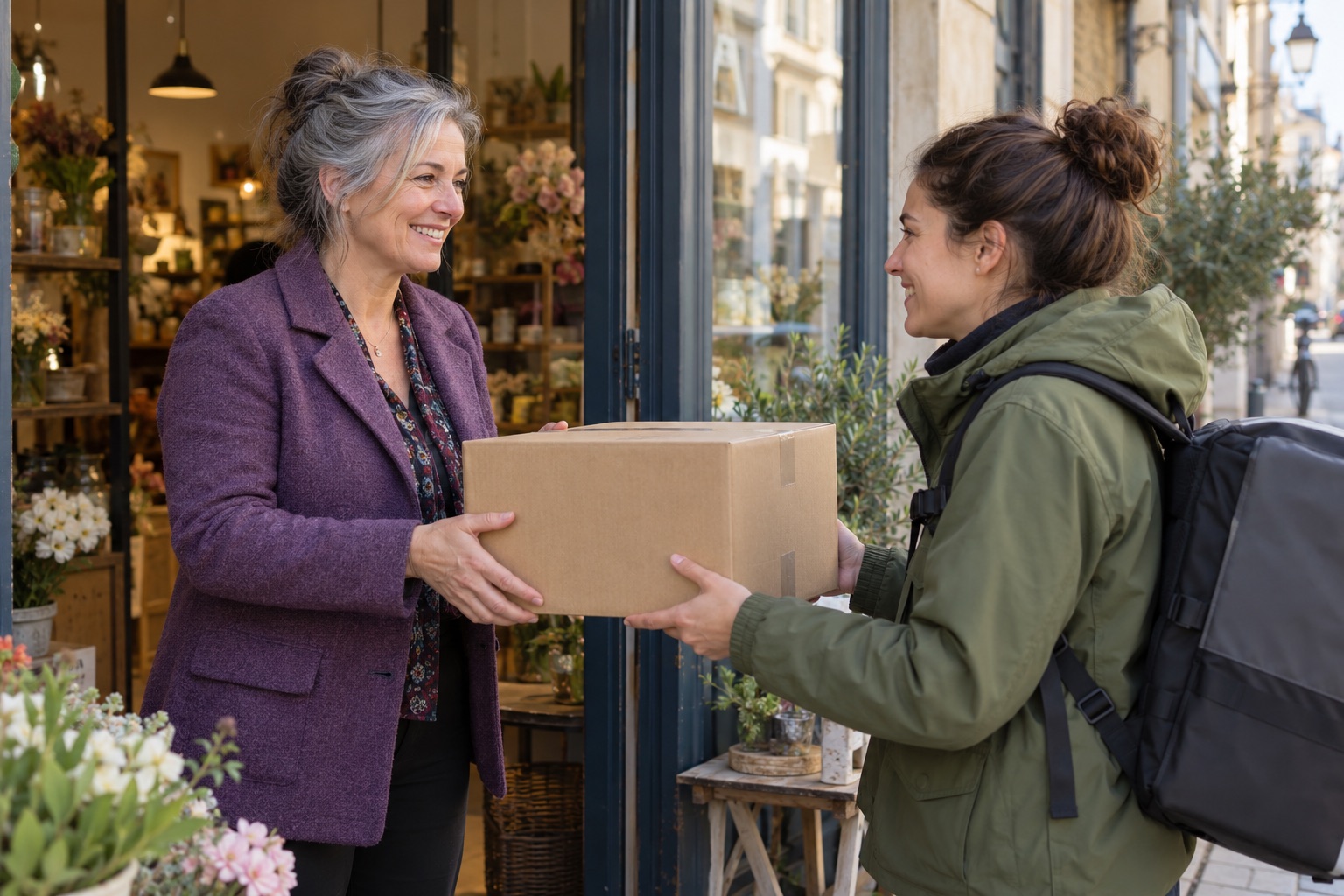 Commerçante en veste violette remettant un colis à une livreuse.