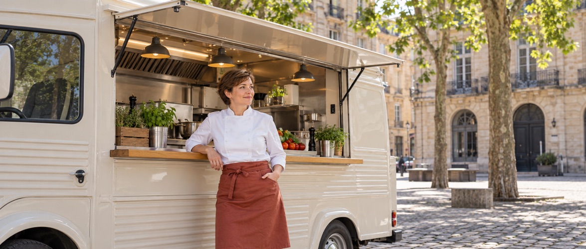 Cuisinier préparant un plat dans un food truck.
