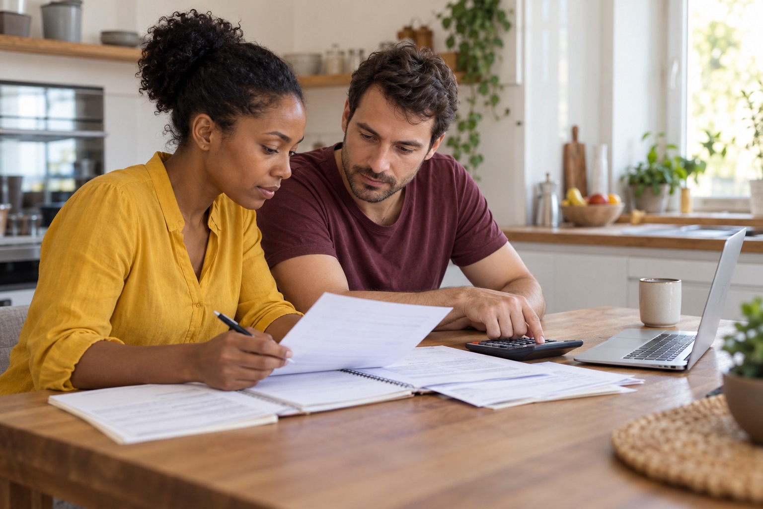 Couple préparant son budget santé dans une cuisine claire.
