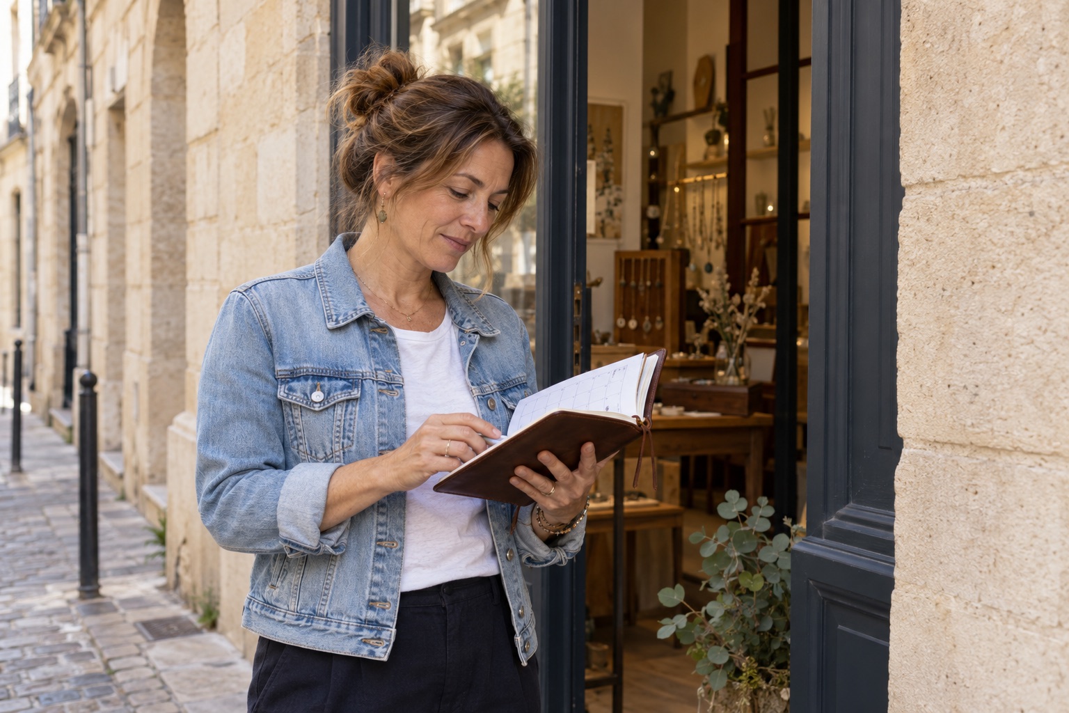 Créatrice de bijoux en veste en jean devant une boutique de quartier.