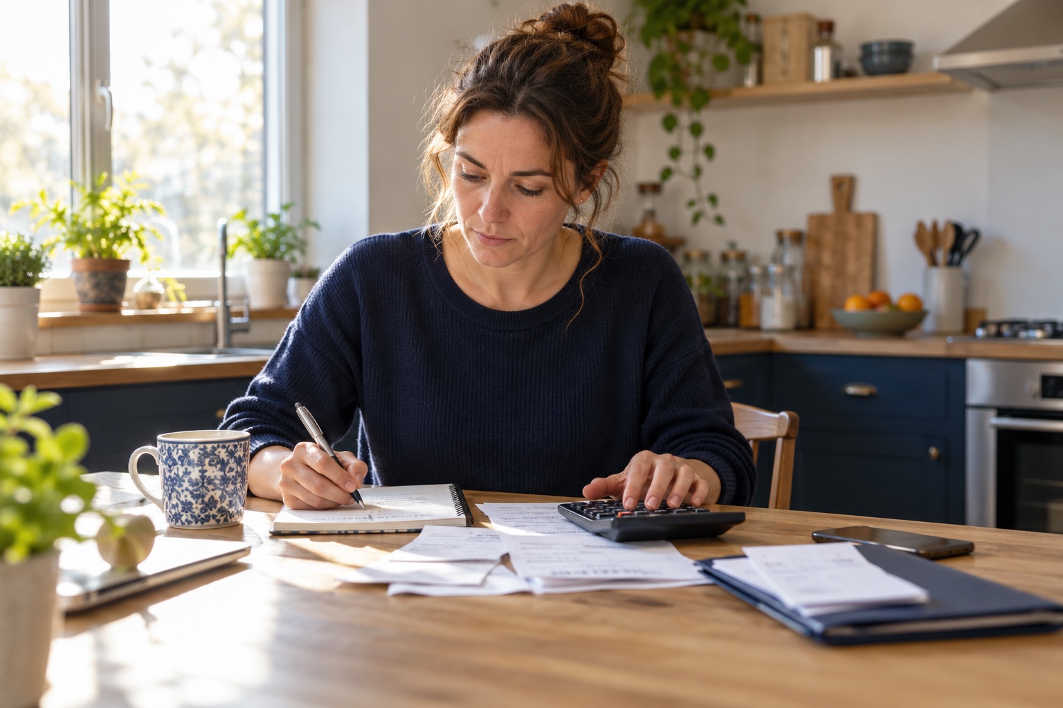 Artisane préparant le budget de son foyer avec un carnet et une calculatrice.
