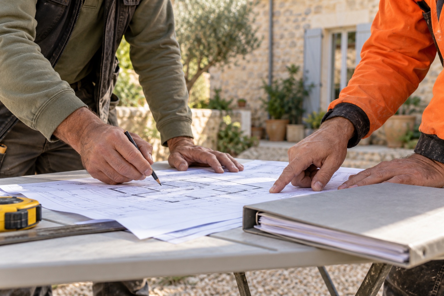 Mains de professionnels autour d’un plan et d’un dossier sur une table de chantier.
