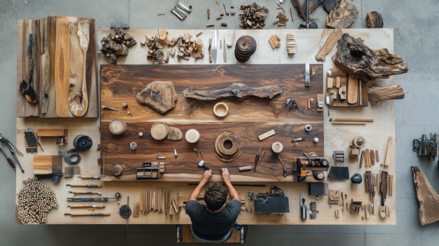 Artisan travaillant le bois à un établi, vu de dessus.